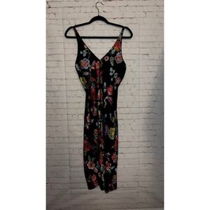 Natori Black Floral Print Slip Dress V Neck Spaghetti‎ Straps Midi Night Gown XS